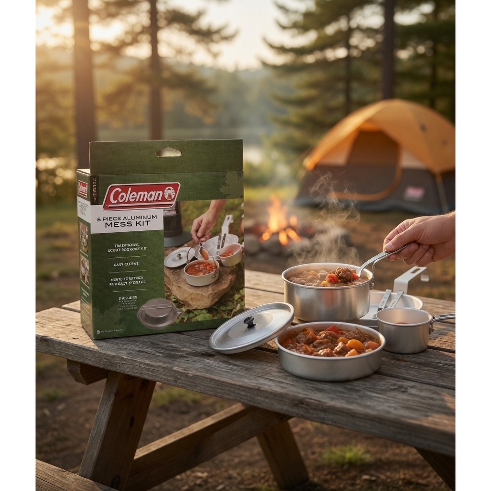 Coleman 5 Piece Aluminum Mess Kit Camping Cookware Nesting Scout Set Silver